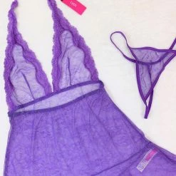 LYPS Sexy Lace Halter Chemise Lingerie Set - Purple
