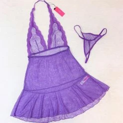 LYPS Sexy Lace Halter Chemise Lingerie Set - Purple