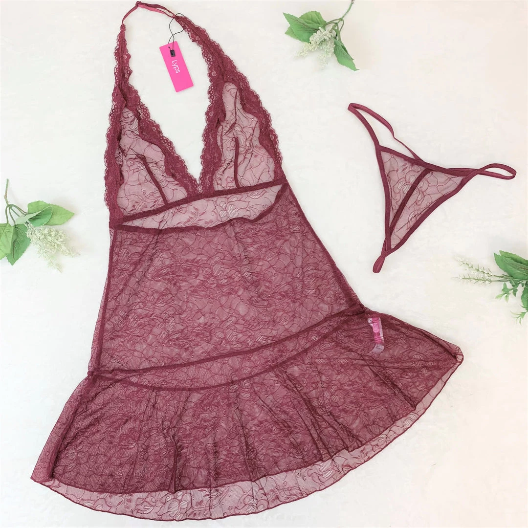 LYPS Sexy Lace Halter Chemise Lingerie Set - Red 3 LYPS Sexy Lace Halter Chemise Lingerie Set - Red