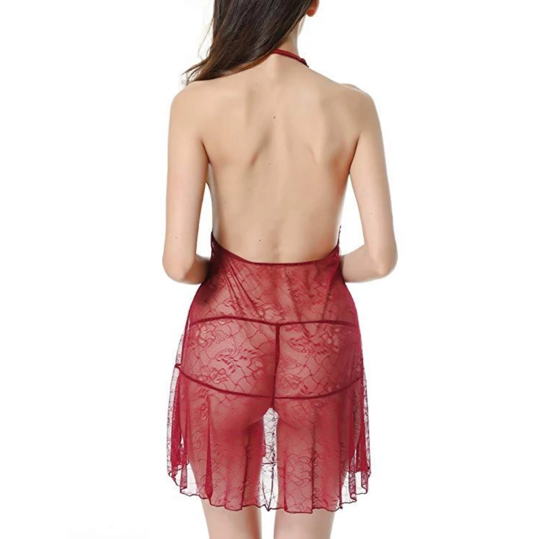 LYPS Sexy Lace Halter Chemise Lingerie Set - Red 2 LYPS Sexy Lace Halter Chemise Lingerie Set - Red